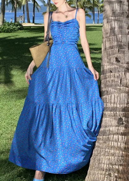 Summer Dress Patchwork Blue Spaghetti Print Maxi French Strap