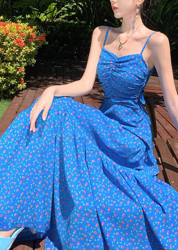 Summer Dress Patchwork Blue Spaghetti Print Maxi French Strap