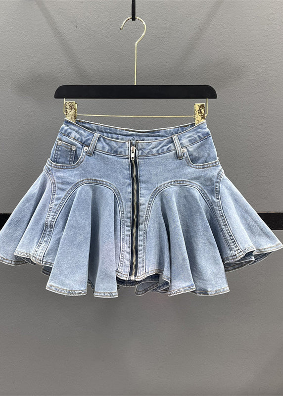 Denim Zippered Blue Ruffled Skirt Patchwork Summer French