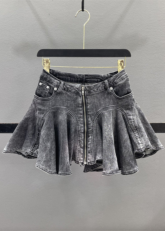 Denim Zippered Blue Ruffled Skirt Patchwork Summer French