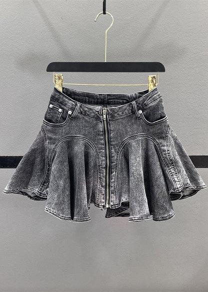 Denim Zippered Blue Ruffled Skirt Patchwork Summer French