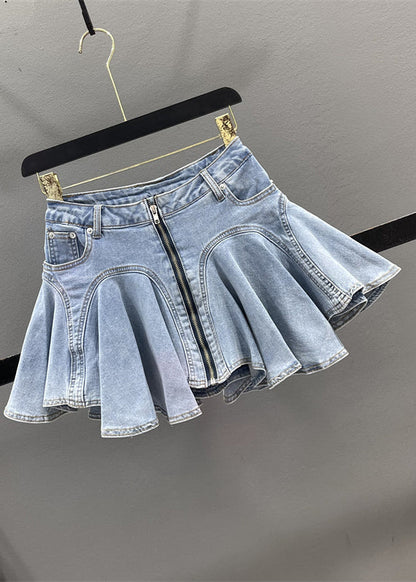 Denim Zippered Blue Ruffled Skirt Patchwork Summer French