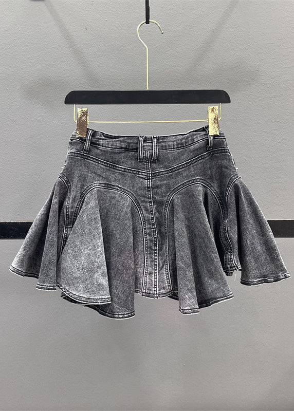 Denim Zippered Blue Ruffled Skirt Patchwork Summer French