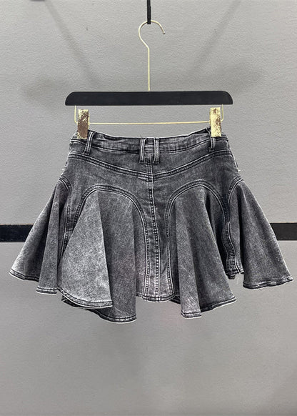 Denim Zippered Blue Ruffled Skirt Patchwork Summer French