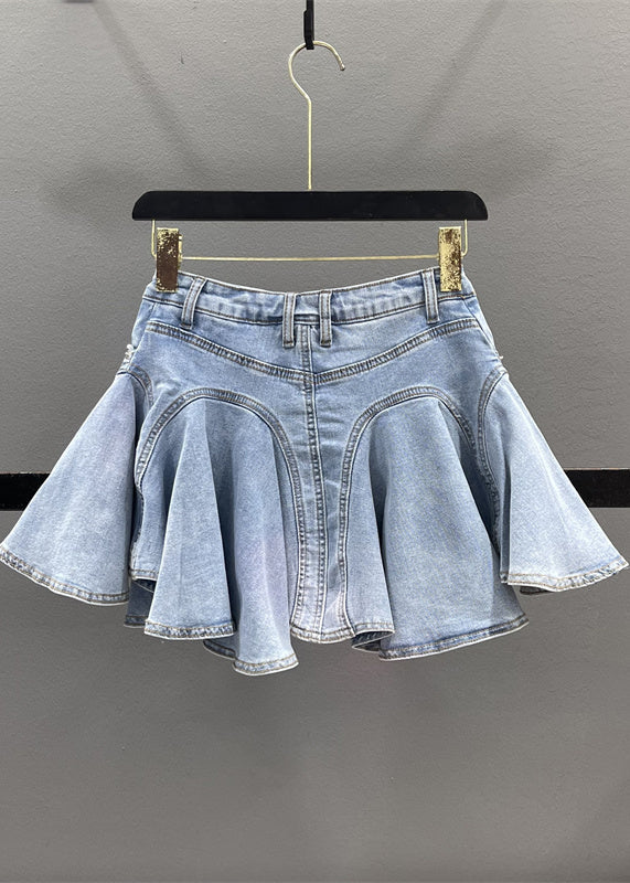 Denim Zippered Blue Ruffled Skirt Patchwork Summer French