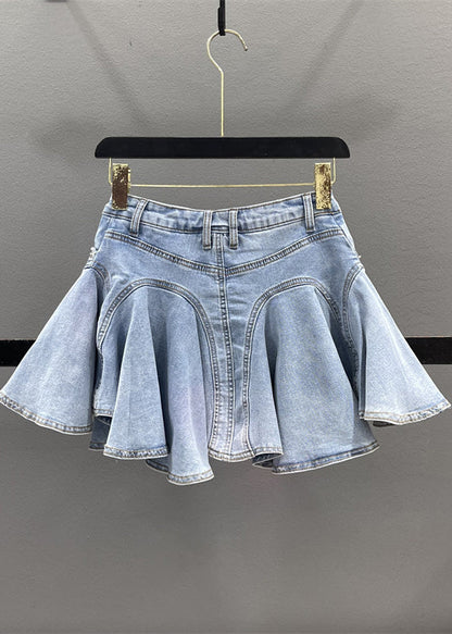 Denim Zippered Blue Ruffled Skirt Patchwork Summer French