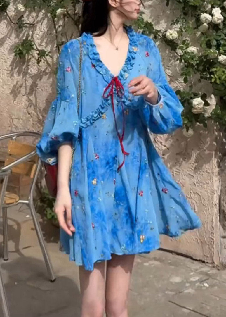 Puff Sleeve Dresses Ruffled French Blue Print Chiffon