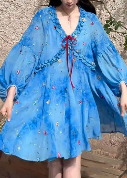 Puff Sleeve Dresses Ruffled French Blue Print Chiffon