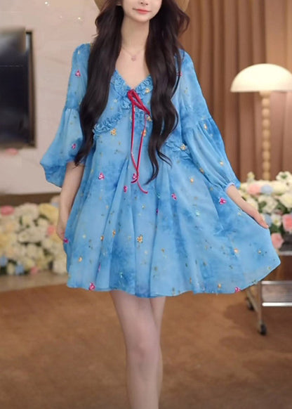 Puff Sleeve Dresses Ruffled French Blue Print Chiffon