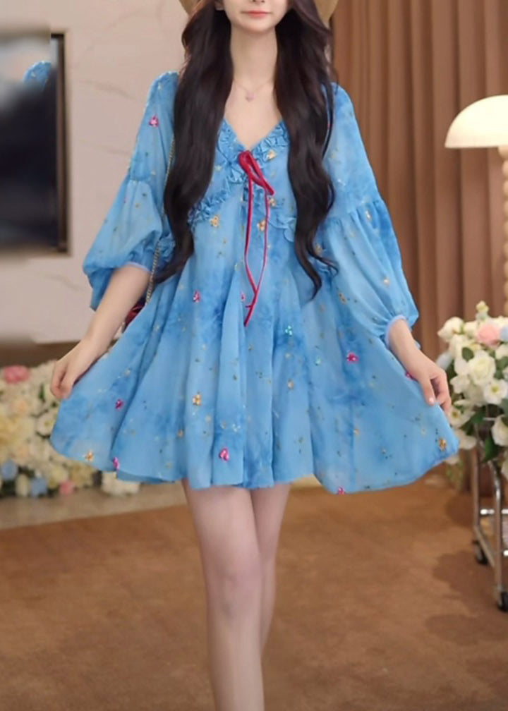 Puff Sleeve Dresses Ruffled French Blue Print Chiffon