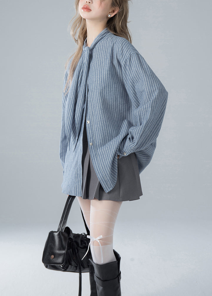 Striped Bow Blue Spring French Shirts Cotton