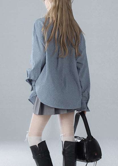 Striped Bow Blue Spring French Shirts Cotton