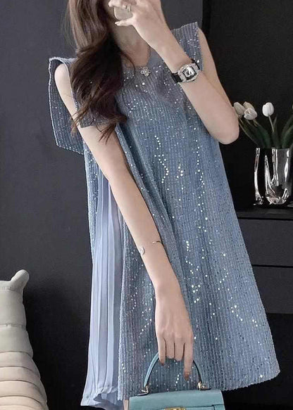 French Blue Tulle Patchwork Sequins Mid Dress Summer UU1056