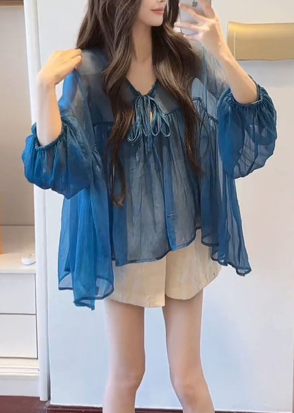 Flare Neck Chiffon French Up V Lace Blue Top Sleeve