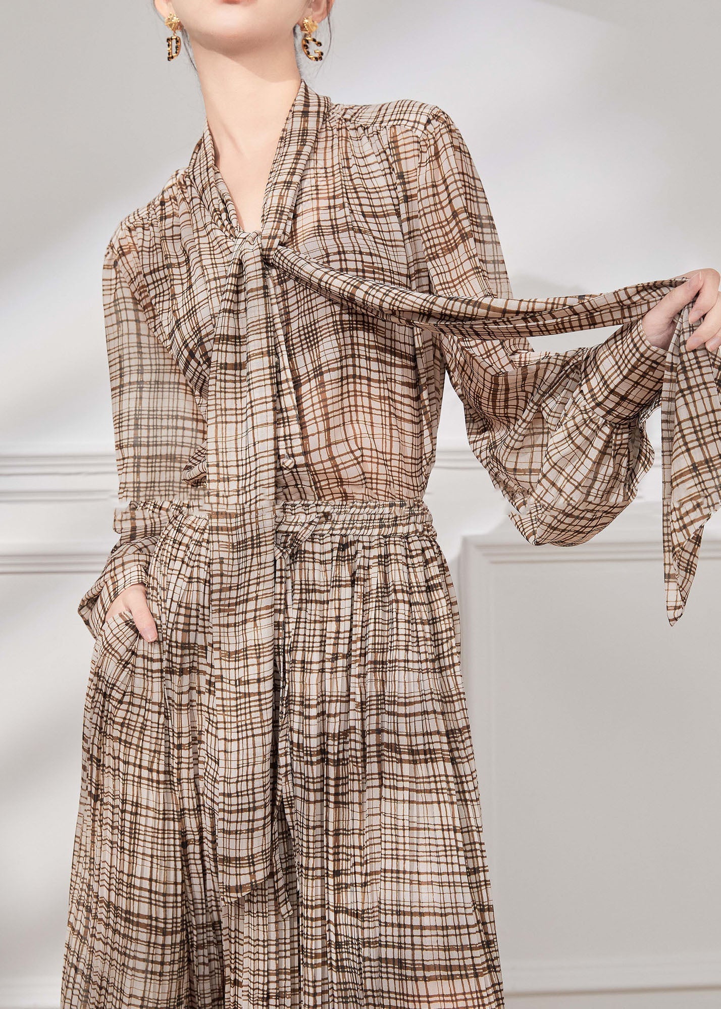 French Brown Bow Plaid Chiffon Two Piece Suit Set Fall WE020