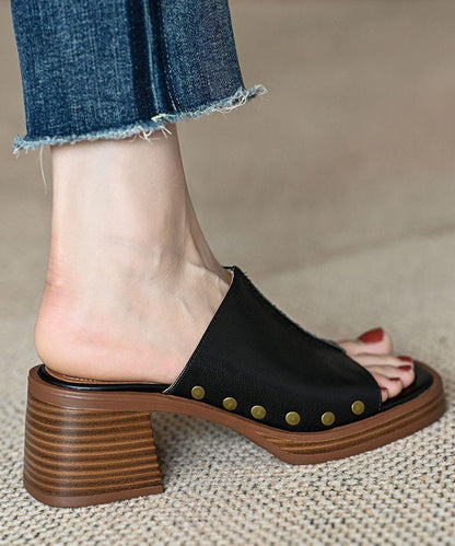 French Toe Peep Rivet Chunky Heel Splicing Sandals Brown Slide