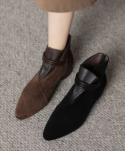 French Brown Suede Splicing Ankle Boots Pointed Toe TE023