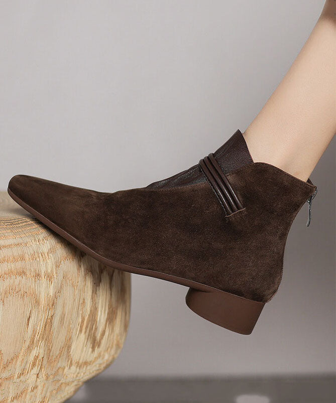 French Brown Suede Splicing Ankle Boots Pointed Toe TE023