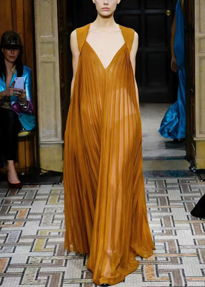 Neck French V Dresses Long Brown Wrinkled Chiffon Sleeveless