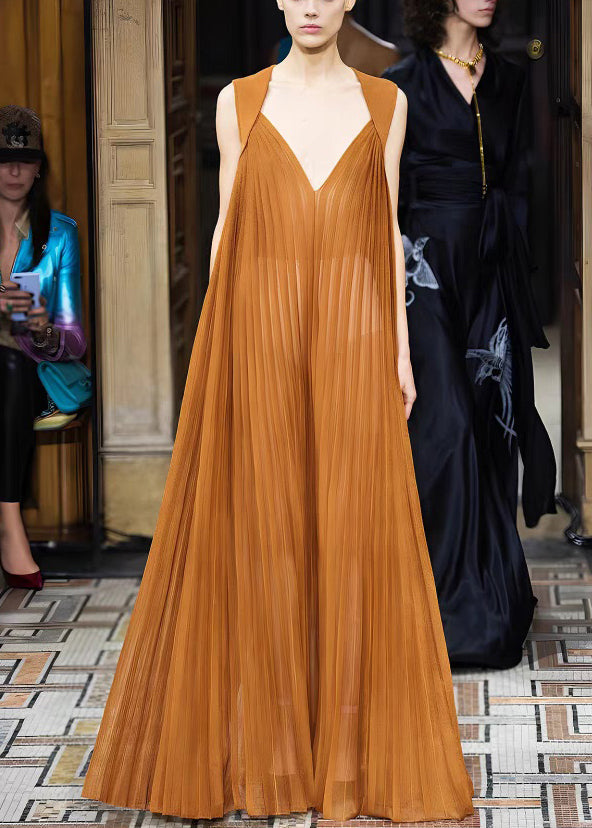 Neck French V Dresses Long Brown Wrinkled Chiffon Sleeveless