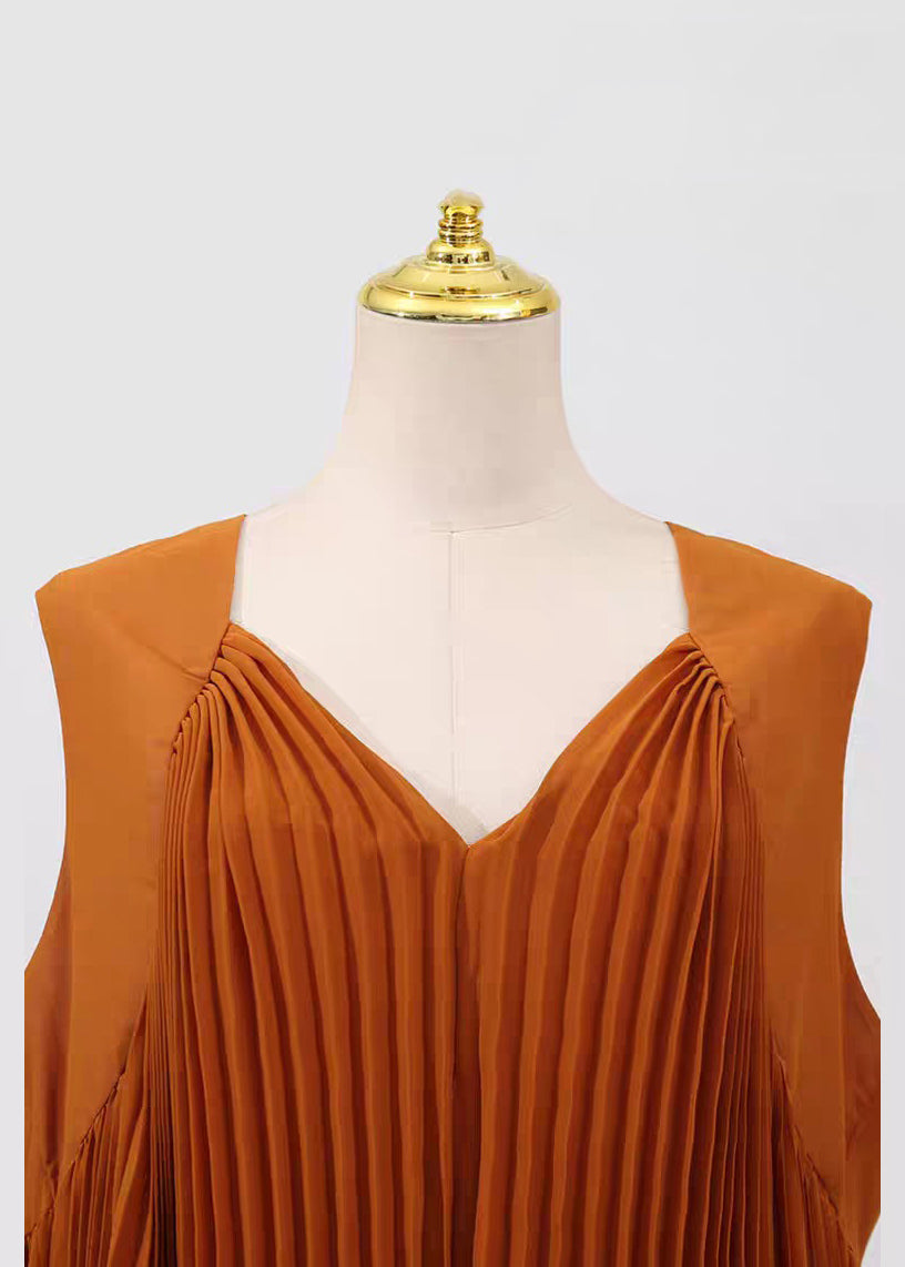 Neck French V Dresses Long Brown Wrinkled Chiffon Sleeveless