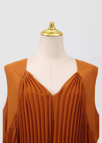 Neck French V Dresses Long Brown Wrinkled Chiffon Sleeveless