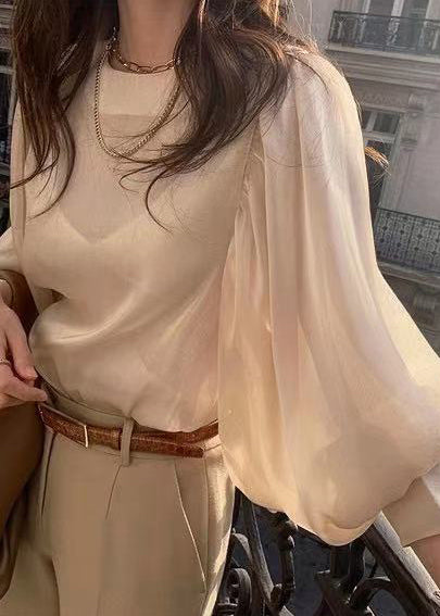 Silk Lantern Draping Sleeve French Blouses Champagne Sheer