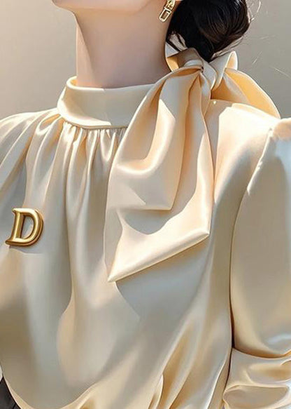 Silk Spring French Stand Champagne Bow Blouse Collar Top