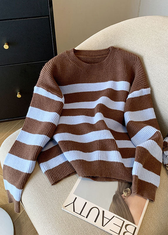 French Coffee O Neck Striped Knit Short Sweater Fall QL055