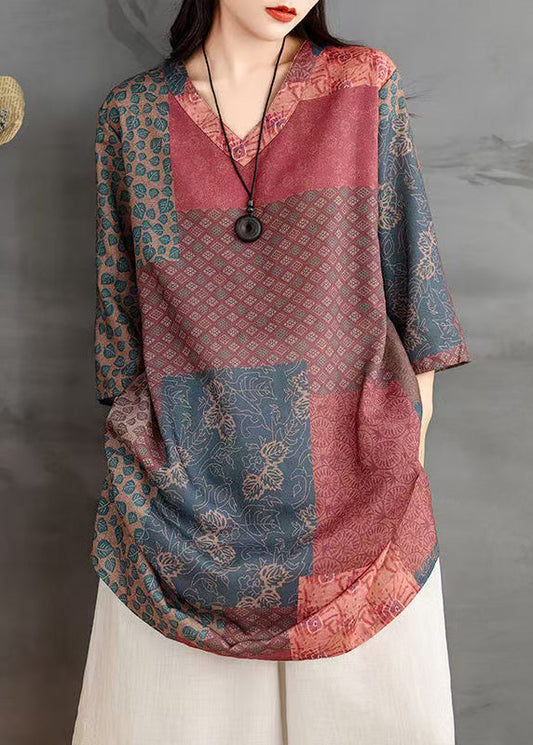Shirts Neck V Bracelet Print French Colorblock Linen Sleeve