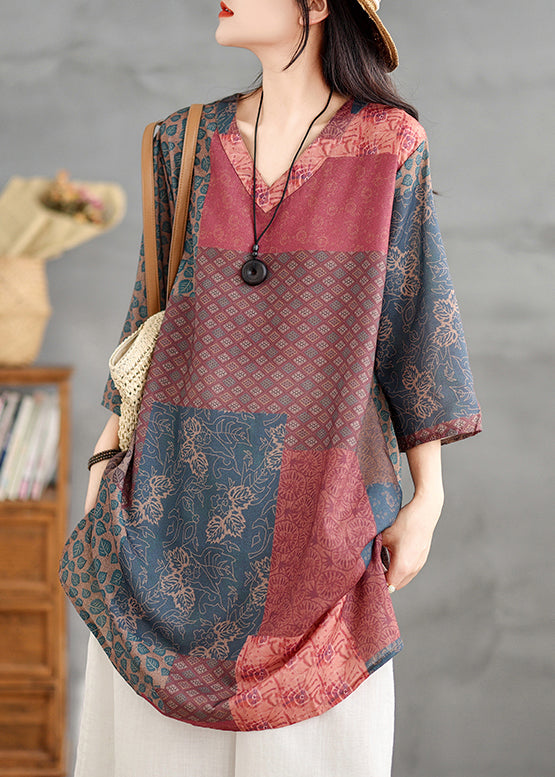 V French Print Shirts Neck Sleeve Colorblock Linen Bracelet