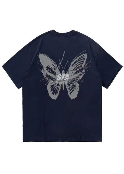 French Cyan Butterfly Print Cotton Mens T Shirts Summer LK057