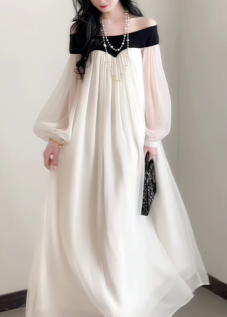 Dress French Neck Slash Sleeves Elegant Lantern Chiffon