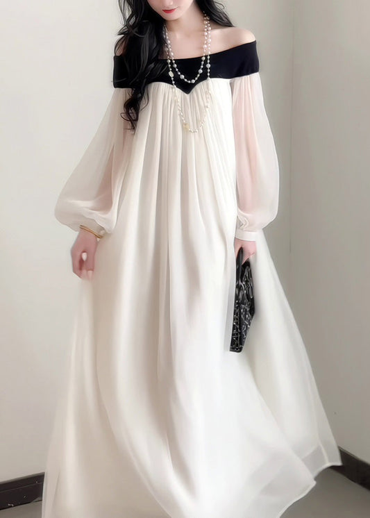 Dress French Neck Slash Sleeves Elegant Lantern Chiffon