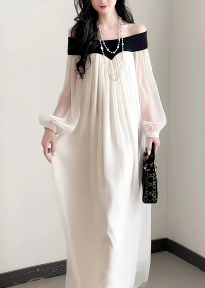 Dress French Neck Slash Sleeves Elegant Lantern Chiffon
