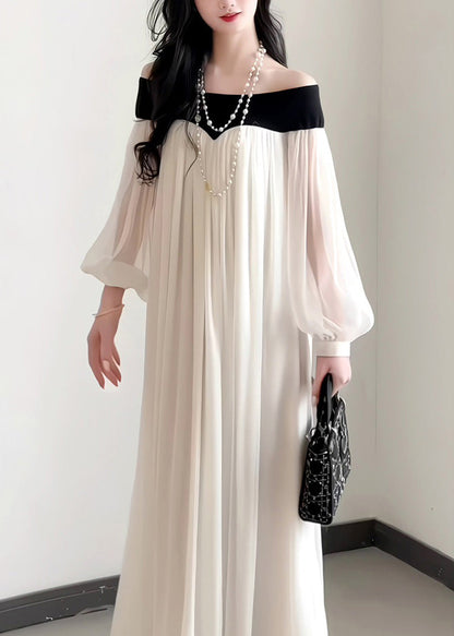 Dress French Neck Slash Sleeves Elegant Lantern Chiffon