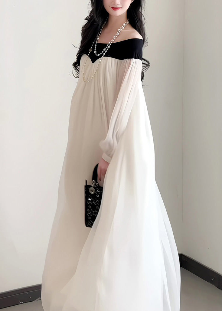 Dress French Neck Slash Sleeves Elegant Lantern Chiffon