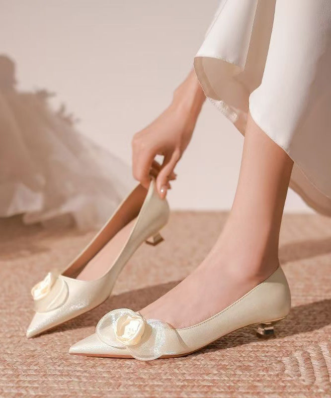 Champagne Toe Pointed Heels Floral Splicing French Kitten