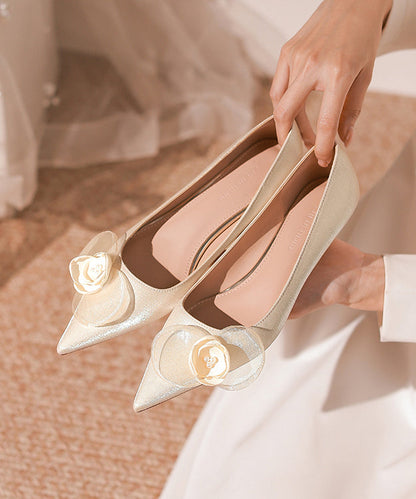 Champagne Toe Pointed Heels Floral Splicing French Kitten