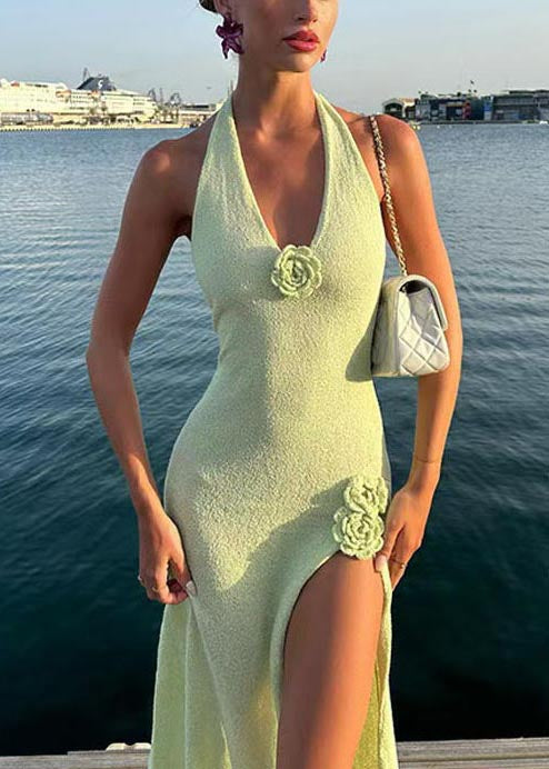 Fruit French Knit Floral Dress Holiday Open Side Decorated Green