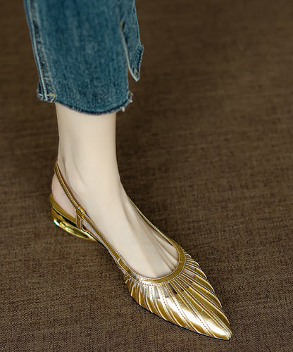 Cowhide Gold Sandals Pointed French Chunky Out Toe Hollow Leather