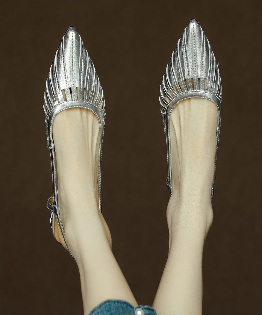 Cowhide Gold Sandals Pointed French Chunky Out Toe Hollow Leather