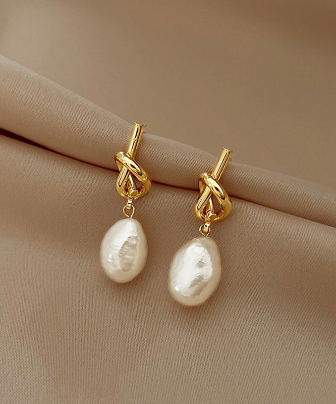 Earrings Pearl Copper Drop Asymmetrical French Gold Alloy