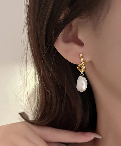 Earrings Pearl Copper Drop Asymmetrical French Gold Alloy