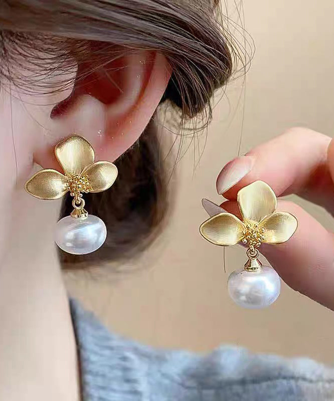 Earrings French Drop Copper Gold Floral Overgild Pearl