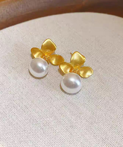 Earrings French Drop Copper Gold Floral Overgild Pearl