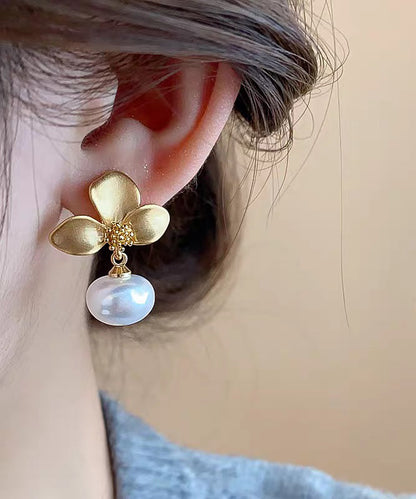 Earrings French Drop Copper Gold Floral Overgild Pearl