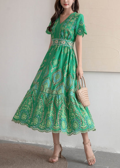 Embroidered Dresses Hollow Long Summer Green Out French Cotton