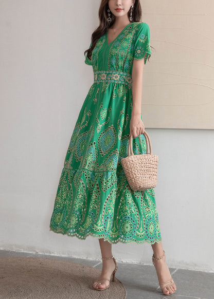 Embroidered Dresses Hollow Long Summer Green Out French Cotton