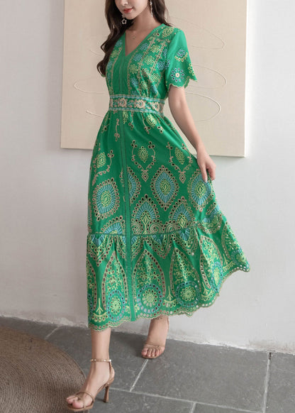 Embroidered Dresses Hollow Long Summer Green Out French Cotton